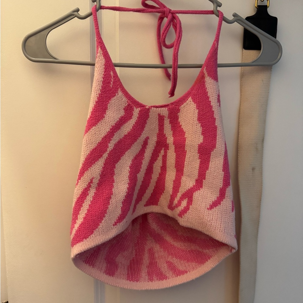 SHEIN Pink and Light Pink Zebra Print Halter Crop Top